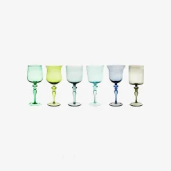 Bitossi Home Set Of 6 Goblets Adorned Stems Mixed Shapes - Blue Green