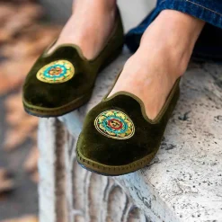 Issimo X Allagiulia Green Velvet Loafers With Embroidery