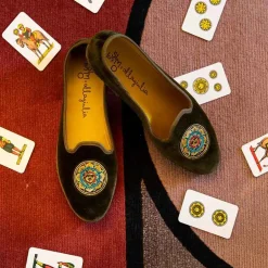 Issimo X Allagiulia Green Velvet Loafers With Embroidery