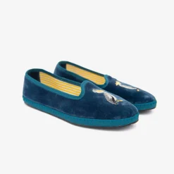 Issimo X Allagiulia Petrolium Blue Velvet Loafers With Pellican Embroidery