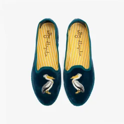 Issimo X Allagiulia Petrolium Blue Velvet Loafers With Pellican Embroidery