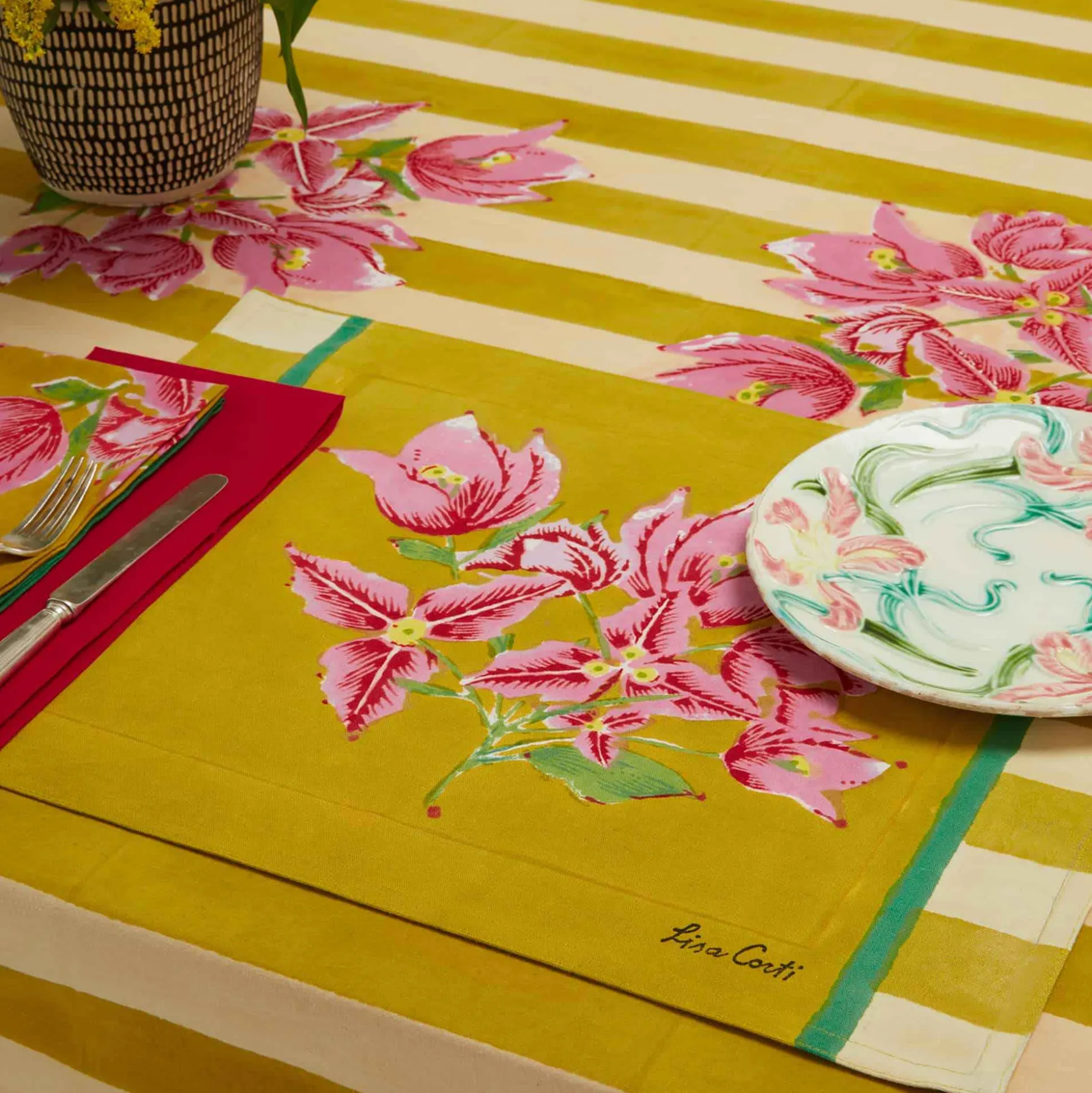 Issimo X Lisa Corti Bougainvillea Mustard Stripes Napkin
