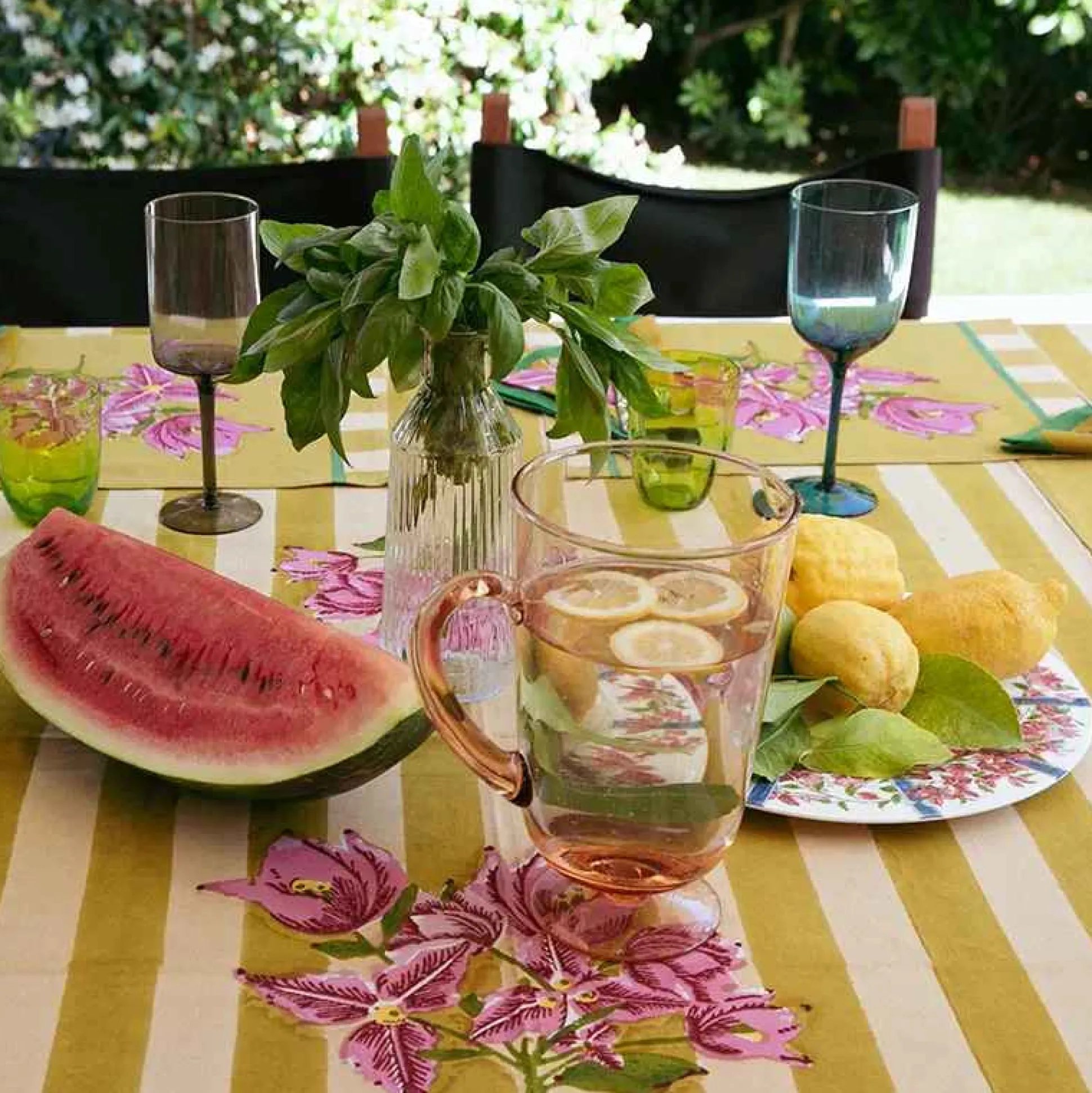 Issimo X Lisa Corti Bougainvillea Mustard Stripes Square Tablecloth