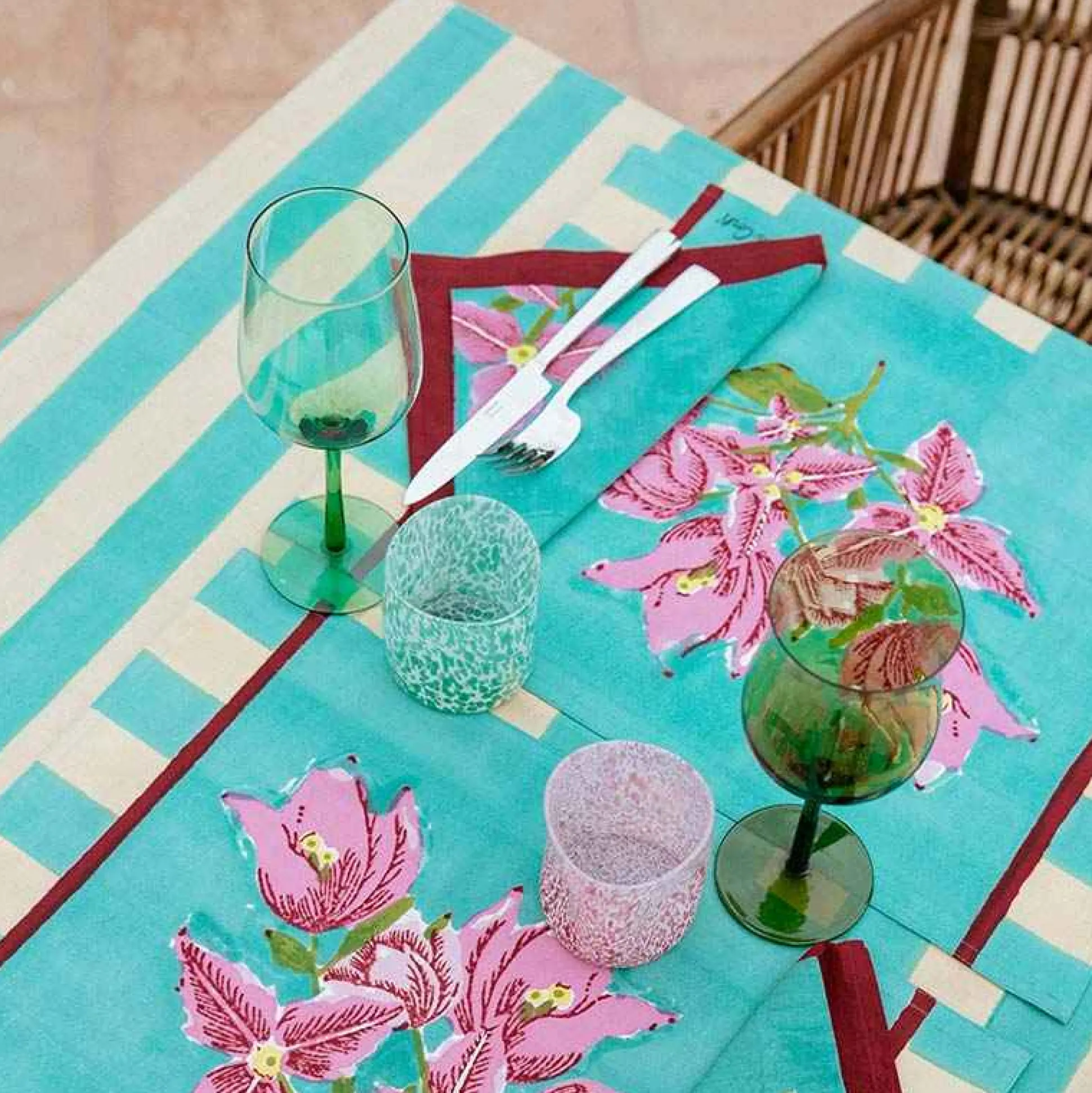 Issimo X Lisa Corti Bougainvillea White Veronese Stripes Square Tablecloth