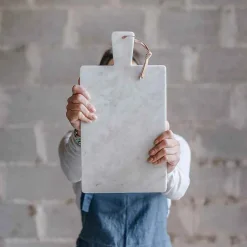 Marmolove Cutting Board In White Carrara Marble And Leather Lace